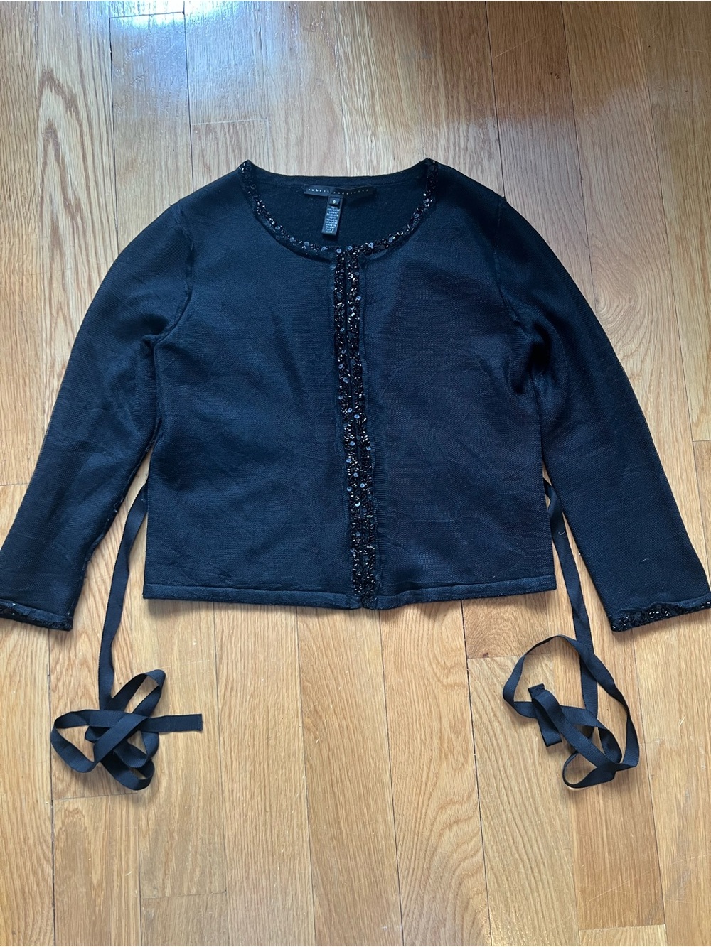Robert Rodriguez Black Cashmere Lined Cardigan Sweater Bedazzled Trim Tie Sz S
